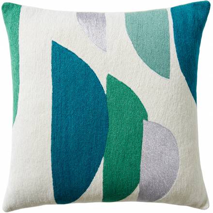 Judy Ross Textiles Hand-Embroidered Chain Stitch Slice Throw Pillow cream/aqua/peacock/fog rayon/pool
